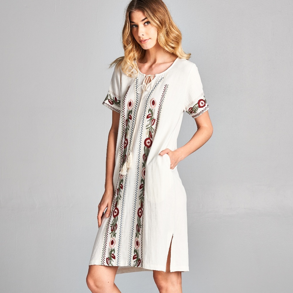 Ivory Embroidered Linen Pocket Shift Dress - Picture 2 of 5